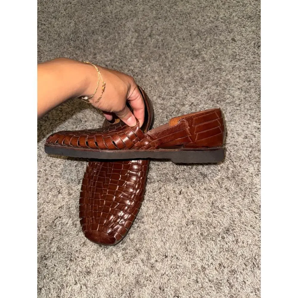 Men's Brown Woven Leather Sandals - Comfort Slip-On